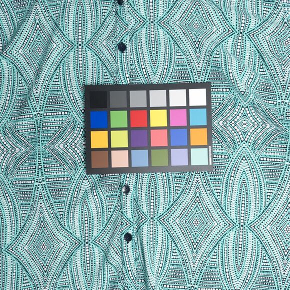 Catherines Button Front Top 3/4 Roll Tab Sleeve Womens 3X Aqua Green Geo Print - Picture 15 of 16